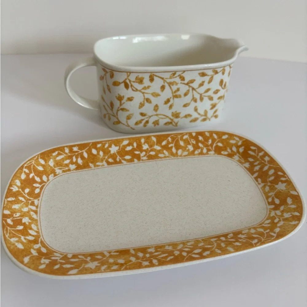 Vintage Mikasa Intaglio Gravy Boat with Salt and Pepper Shakers Ardsley Yellow